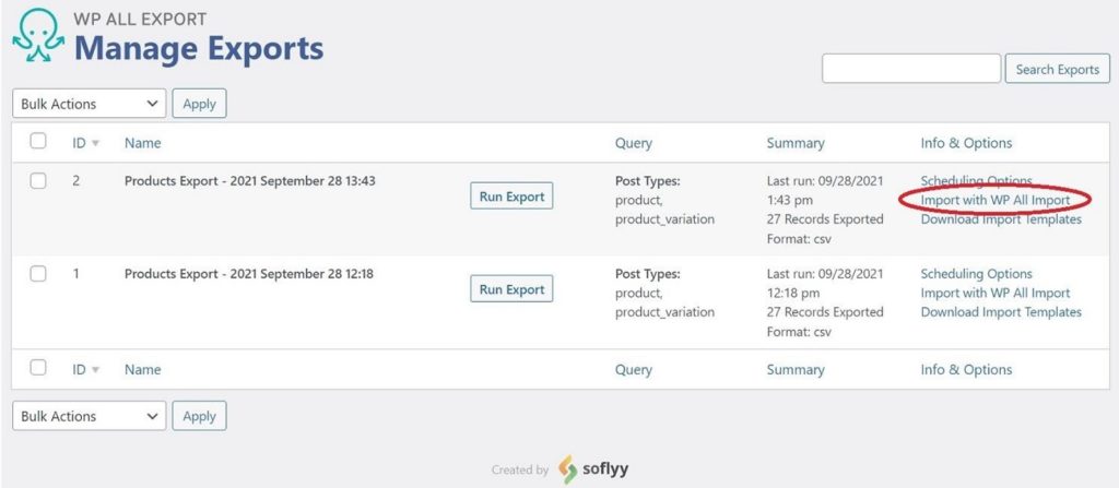 Manage Exports Screen
