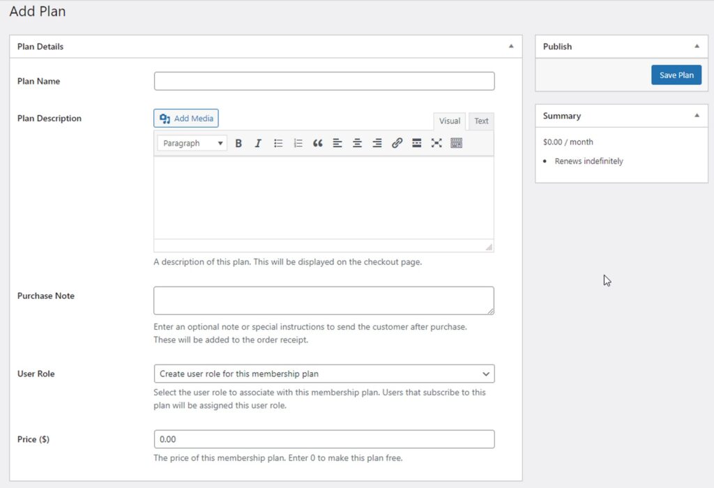 ProfilePress Add Plan Screen