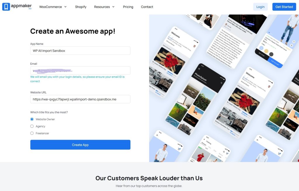 AppMaker App Creation Screen