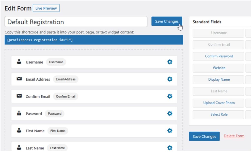 Custom WordPress Registration Edit Form Save Changes