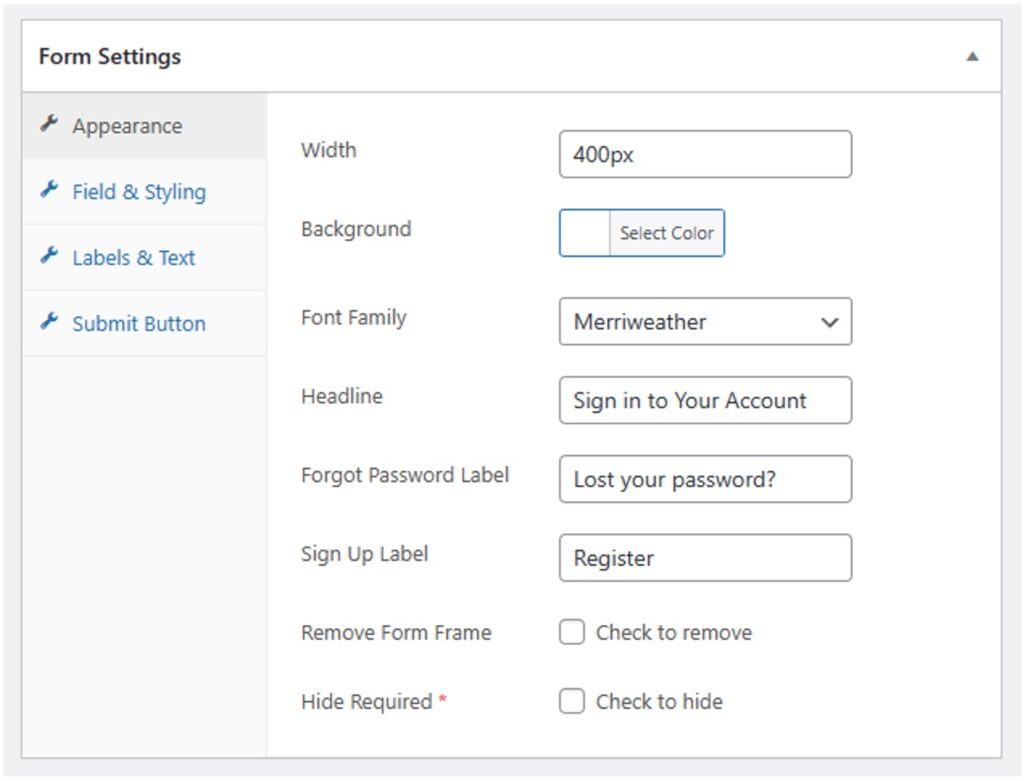 Custom WordPress Registration Edit Login Form Settings