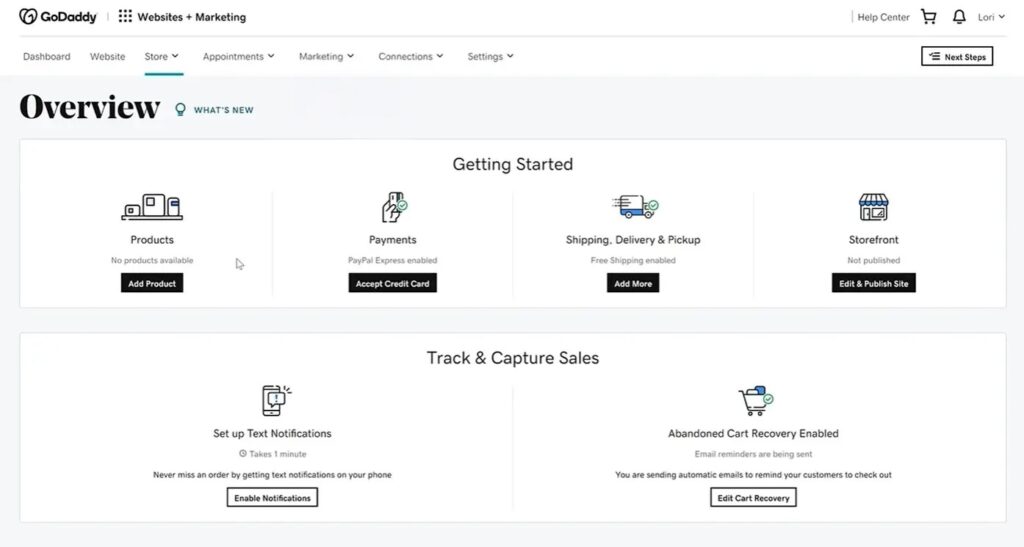 GoDaddy website builder control panel