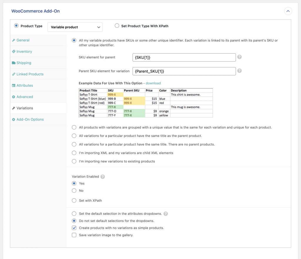 Import Variable Products in WooCommerce Variations Tab