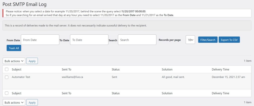Post SMTP Email Log