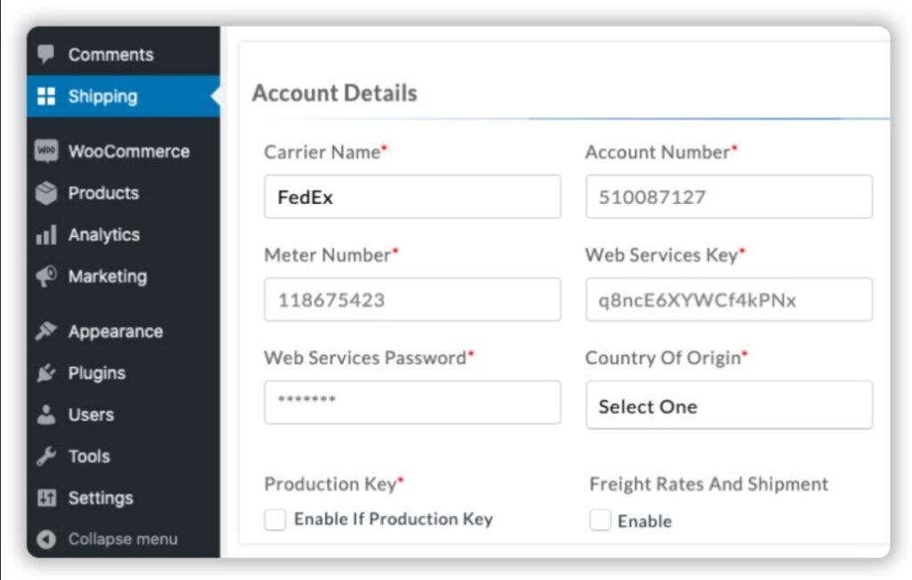 WooCommerce Shipping Services Carrier Account Details