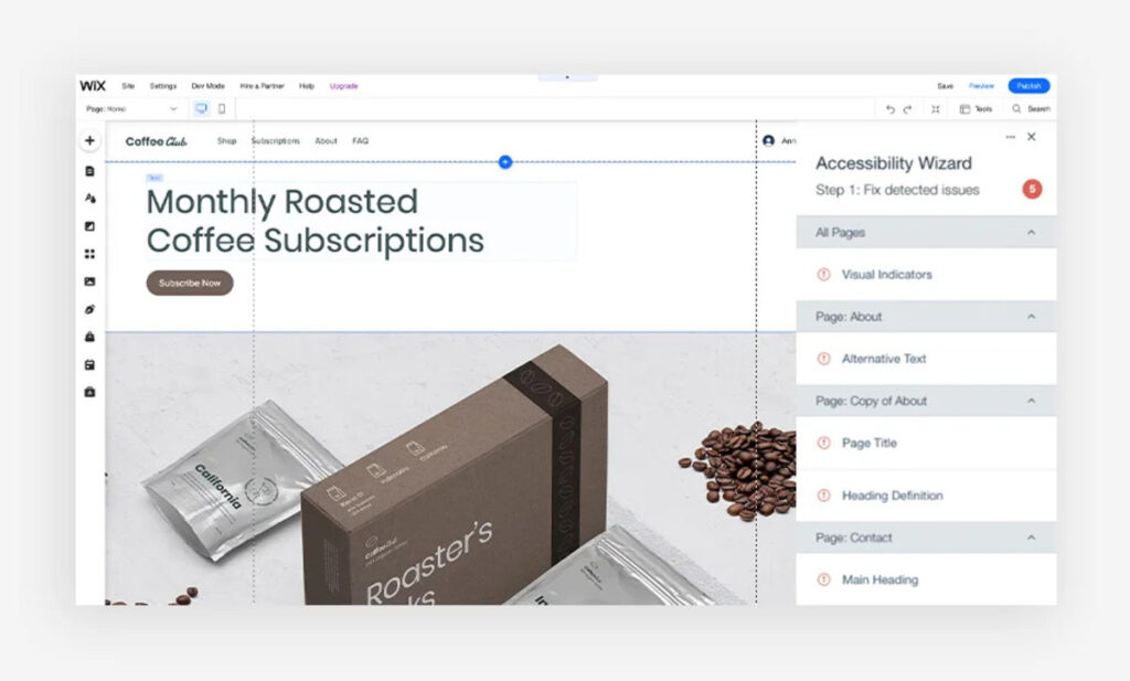 Wix user interface