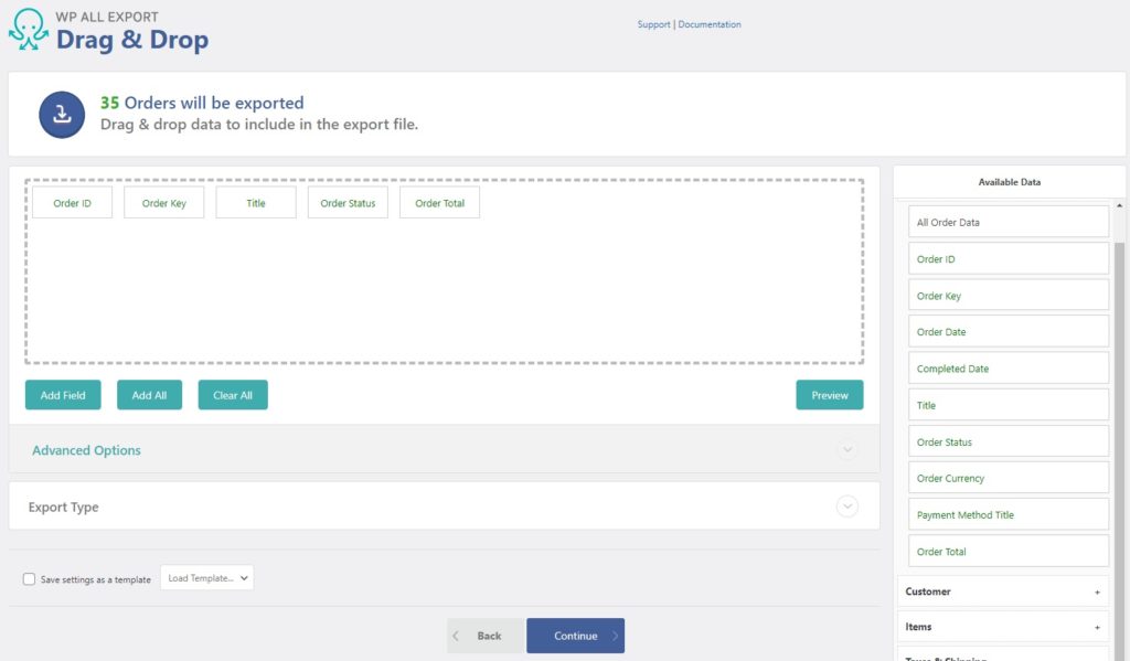 WP All Export Drag & Drop Selection
