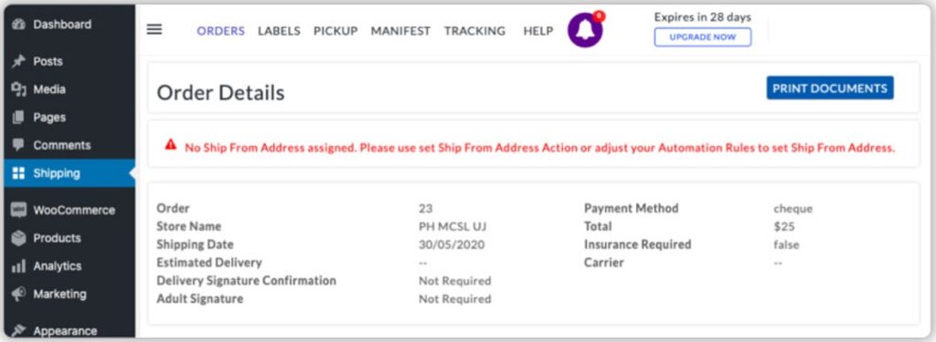 WooCommerce Shipping Services Order Details