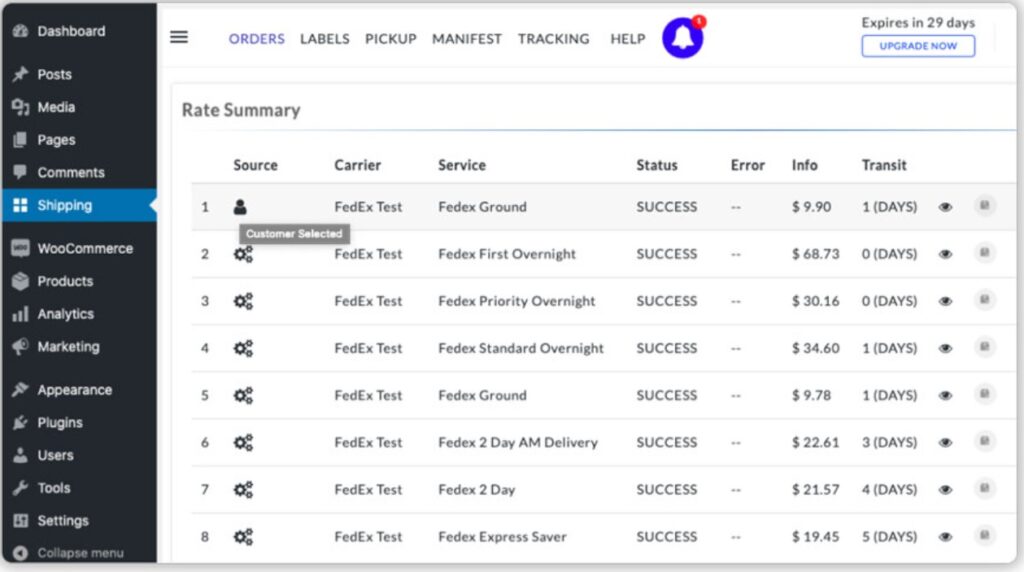 WooCommerce Shipping Services Rates Summary