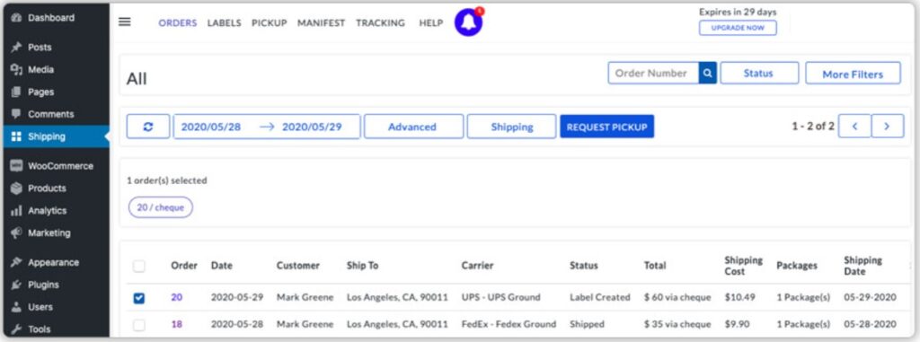 WooCommerce Shipping Services Request Pickup