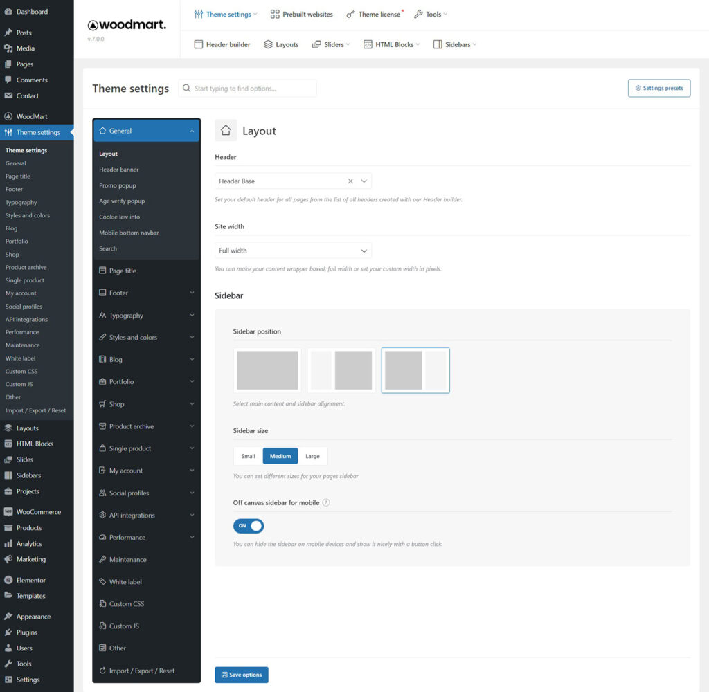 WoodMart theme settings