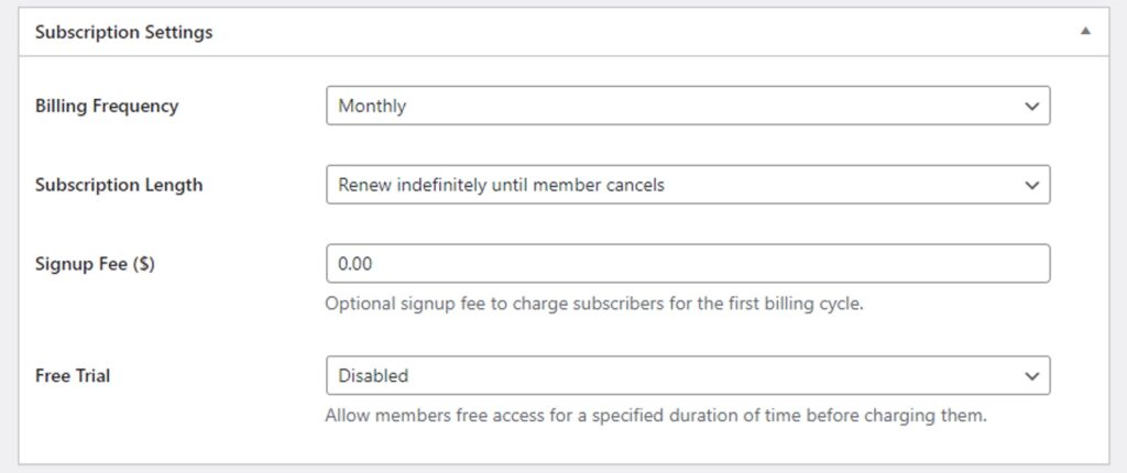 ProfilePress Recurring Plan Subscription Settings