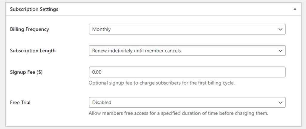 ProfilePress Subscription Settings