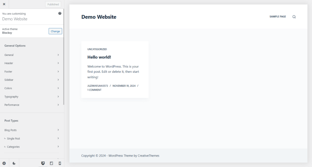 Blocksy customizer interface