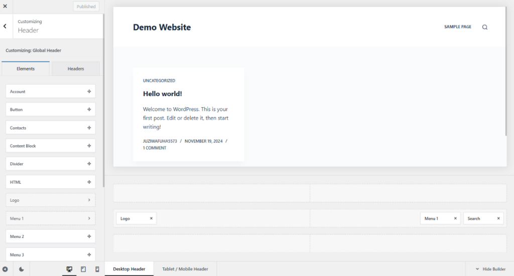 Blocksy header builder