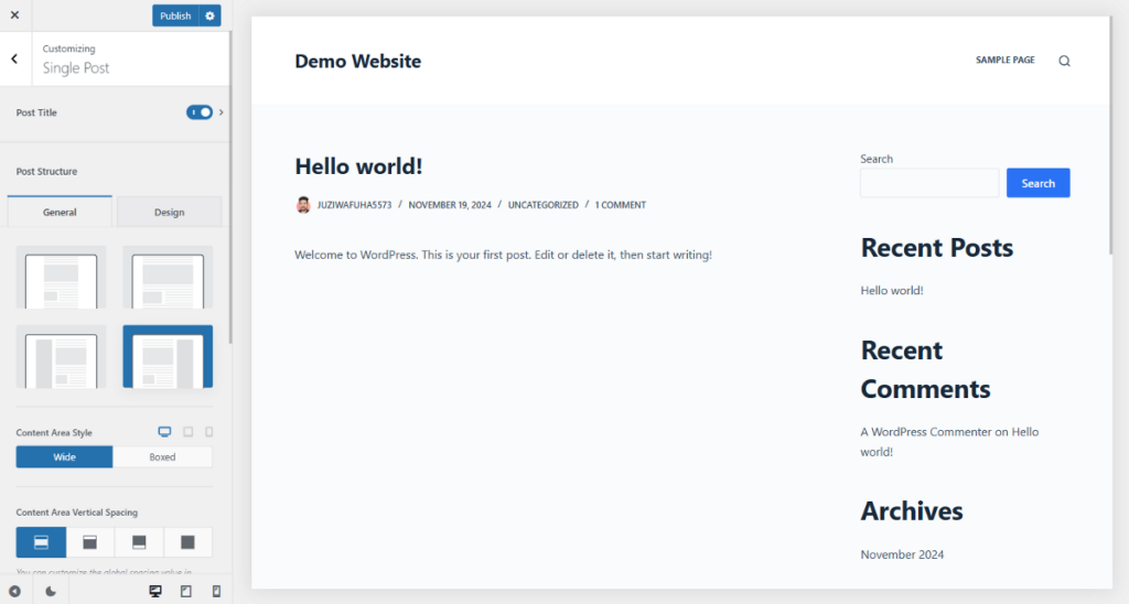 Blocksy layout options