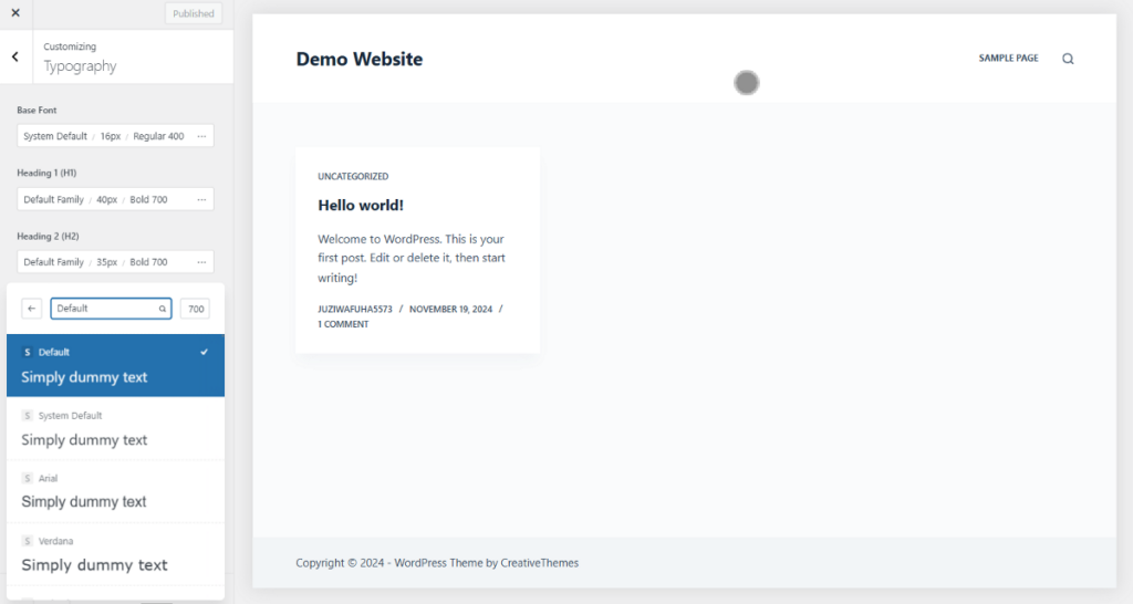 Blocksy typography settings