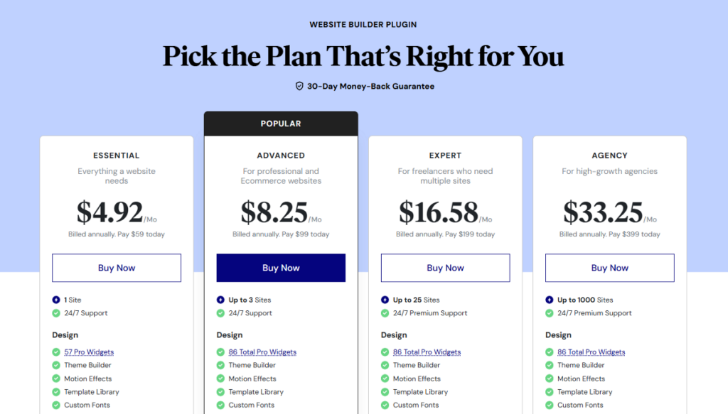 Elementor pricing plans