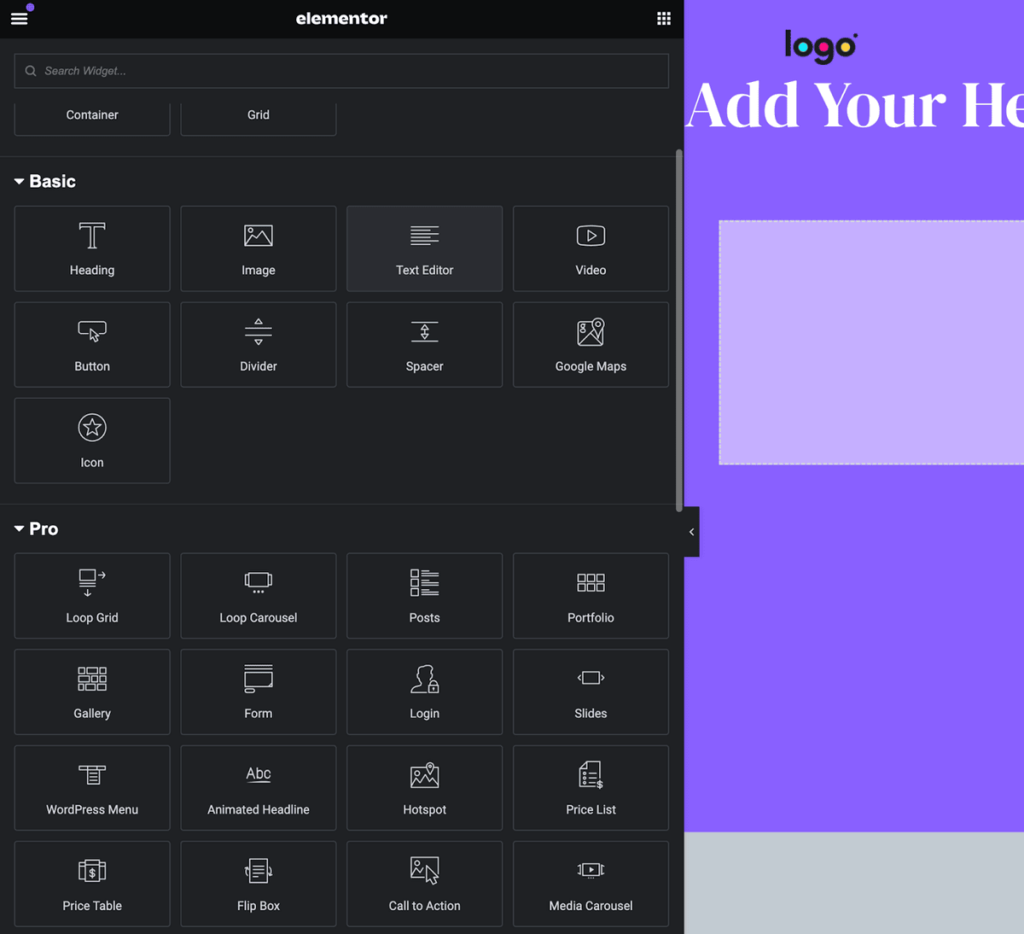 Elementor user interface