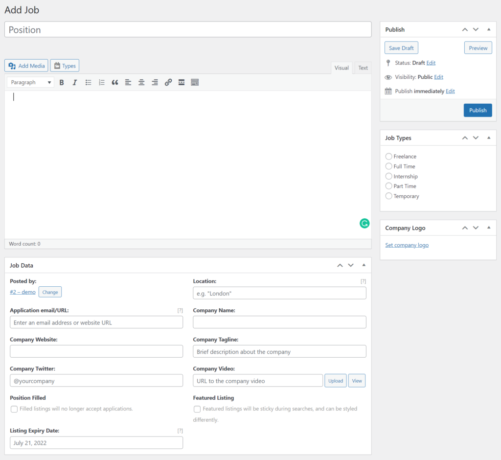 WP Job Manager Admin Panel Job Entry