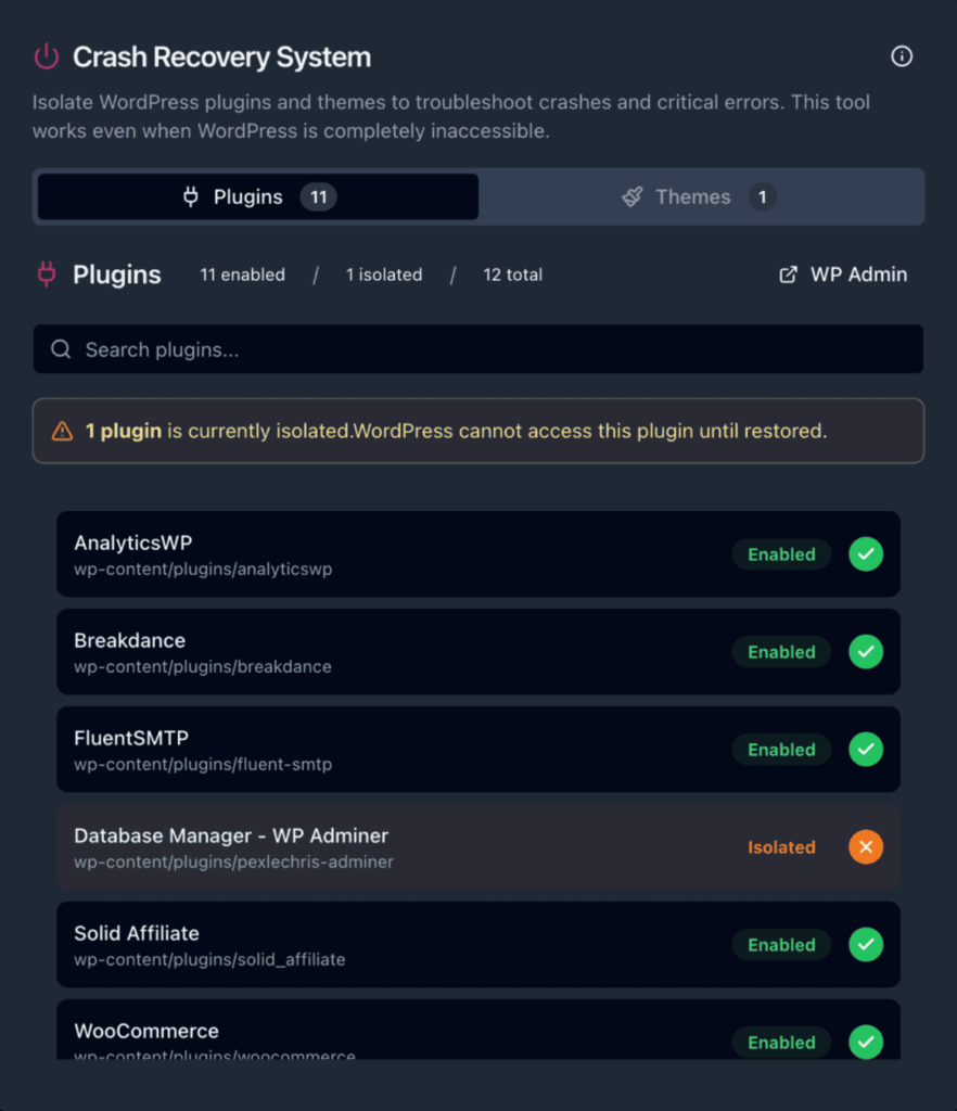 WP Debut Toolkit Crash Recovery System