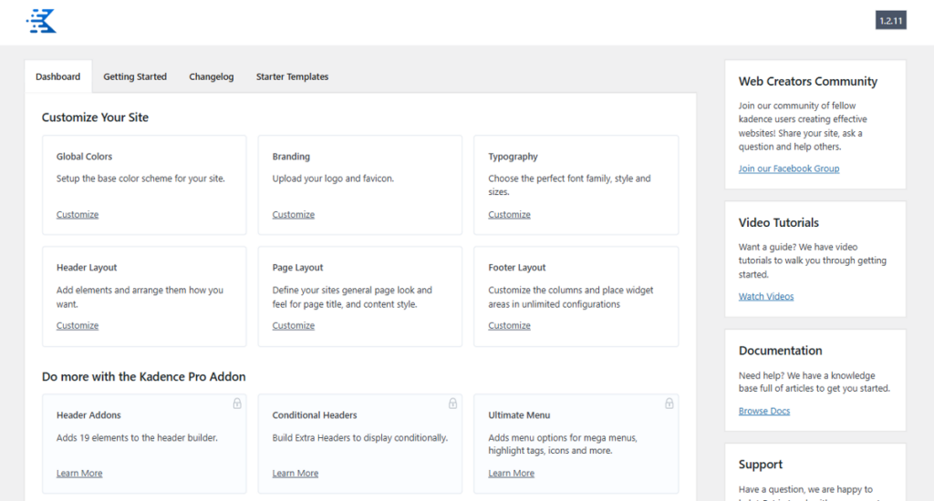 Kadence dashboard interface
