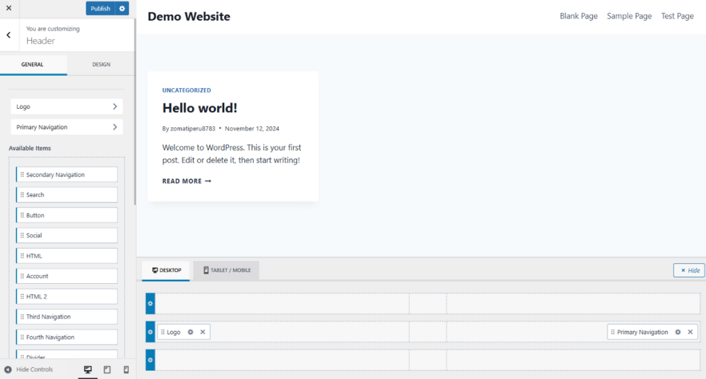 Kadence header builder