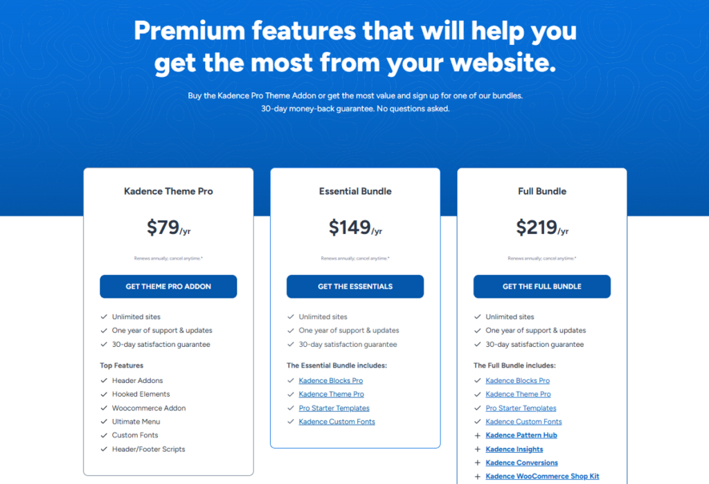 Kadence theme pricing plans