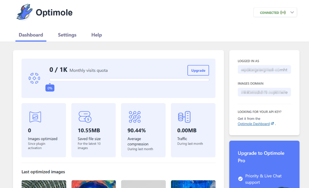 Optimole plugin dashboard